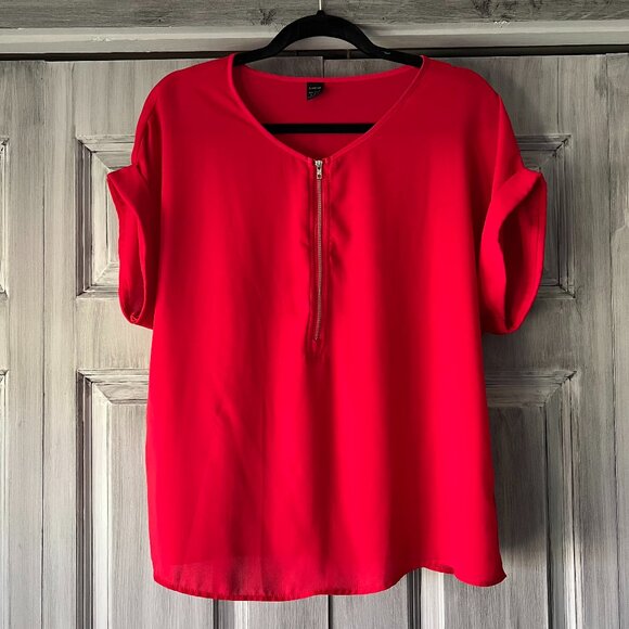 Shein Red Cuffed Short Sleeved Dress Top with Zipper Women’s Size XL - Picture 1 of 6